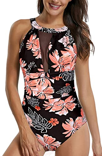 Sixyotie Maillots de Bain 1 Pièce Femme Amincissant Bikini Grande Taille Monokini Push up Transparent Grossesse (Orange Leaf Printed, S)