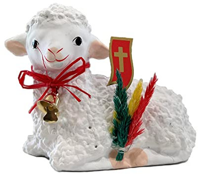 AM Decor Polnische traditionelle kleine Oster-Lammfigur mit Flagge und Palme (Baranek Wielkanocny) (Gips, XL)