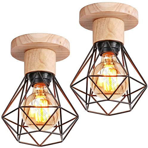 TOKIUS Deckenlampe, 16CM Vintage Deckenleuchte im Industrial Design Retro E27 Lampe aus Holz Eisen Käfig Pendelleuchte Schwarz (2 Stücke)