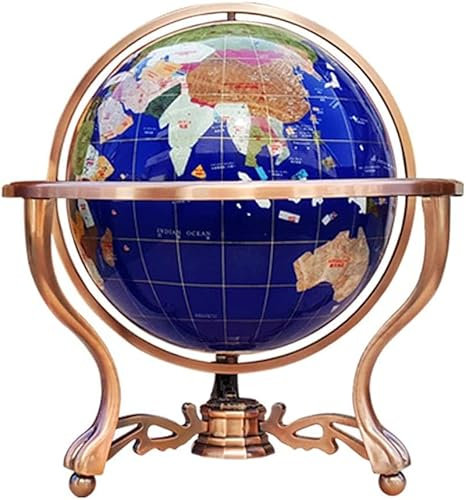 SZWH Weltkugel aus natürlichem Edelstein mit Zinklegierungsständer High-End-Globus Handgefertigter Vintage-Geografischer Globus 17,7 Höhe 12,9 Durchmesser