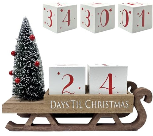 HOMirable Christmas Countdown Blocks Santa Sleigh Advent Calendar 99 Days Christmas Tree Decorations Wooden Farmhouse Rustic Sign Xmas Party Holiday Décor for Home Living Room, Mantel, Tiered Tray