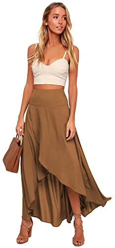 Wickelrock Rock mit Schlitz Damen Elegant High Waist Elastische Vokuhila A-Linie Yoga Lang Sommer Strandrock Maxirock Tanzrock Midirock Braun M