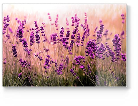 DEQORI Schneidebrett aus Glas | groß 30x20 cm | Motiv Lavendelblüten im Regen | Design Schneideplatte für Küche | Frühstücksbrett antibakteriell & rutschfest | Glasplatte & Servierplatte