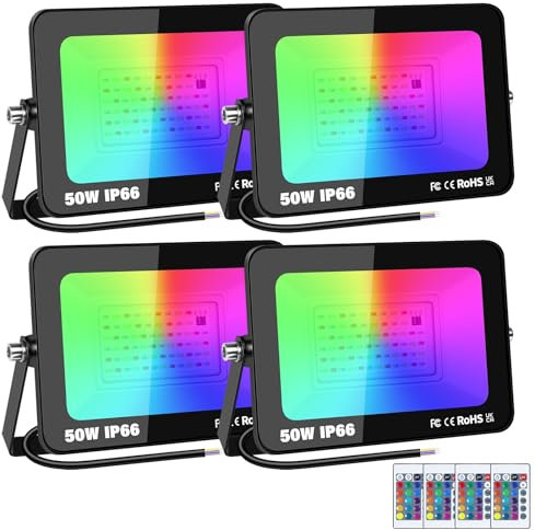 RIGIDON 4x 50W RGB LED Strahler Mit Fernbedienung, 5000LM RGBW Farbwechsel Flutlicht, 16 Farben 4 Modi Dimmbar Fluter Lampe Für Party Garten Baum Landschaft, Disco Feiern, Außen Wasserdicht IP66