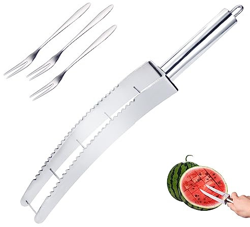 Cortador de Sandía con 3uds Tenedores de Fruta, Rebanador de Sandía de Acero Inoxidable Cortadora de Cubos de Sandía Fácil y Rápida Cuchillos Prácticos para Ensalada para Utensilios de Cocina