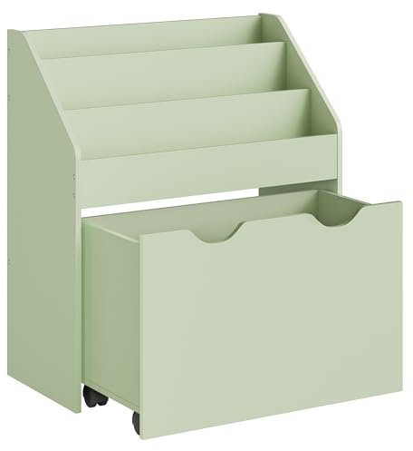 SONGMICS Bücherregal Kinder, Kinderregal, Spielzeugregal, mit 3 Regalebenen, Aufbewahrungsbox auf Rollen, multifunktional, für Kinderzimmer, Spielzimmer, lorbeergrün GKR041C10