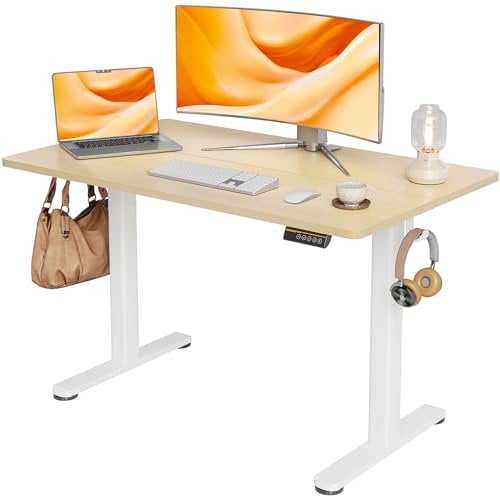 Claiks Schreibtisch Höhenverstellbar Elektrisch, Höhenverstellbarer Schreibtisch 120x60 cm, Standing Height Adjustable Desk, Weiß Gestell/Beige Oberfläche