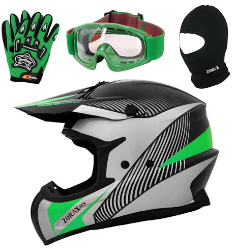 Zorax ZOR-X305 Motocross Helmet & Gloves & Goggles & Balaclava | Black/Silver/Green L (59-60cm)& Gloves L(10cm) MX Quad ATV Sports Enduro Crash Dirt Bike Helmet ECE 22.06 Certified