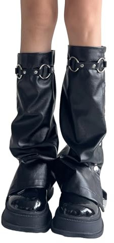 Frotox Harajuku PU Leder Beinstulpen Gothic Punk Lange Socken Ausgestellte Bein Ärmel Gamaschen Goth Winter Manschetten Knöchel Haufen Socken, Schwarz , Reference dimensional drawing