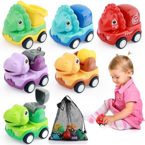 6 Stück Rückziehauto, Zurückziehbare Autos, Karikatur Reibung Zurückziehen Autos, Spielzeugauto Aufziehbar, Lustig Baby Dinosaurier Aufziehauto, Spielzeugautos für ab 1 2 3 Jahre Kinderspielzeug