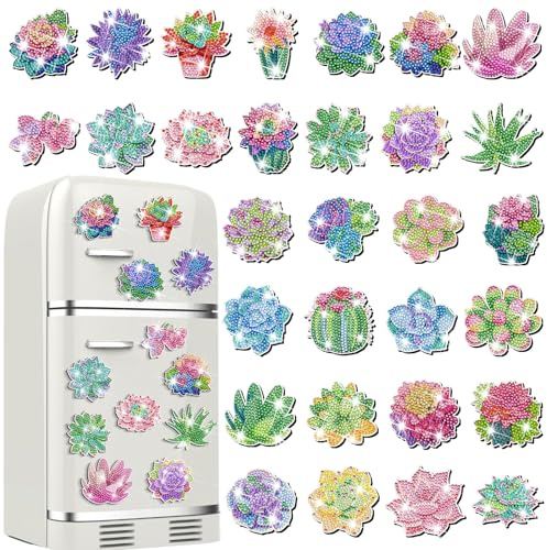 Remuuly 30 Pcs Diamond Painting Magnets Spring Diamond Art Fridge Magnet Refrigerator Sticker Diamond Painting Kits for DIY Crafts Home Decor(Succulents)