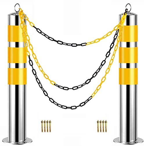 Pfosten mit 5 m Absperrkette, 2er-Pack Parksperre aus Edelstahl mit Dehnschraube, Parkpoller mit reflektierenden Kragen (800 mm H x 76 mm T (31,5 Zoll H x 3 Zoll T)) (800 mm H x 89 mm T (31,5 Zoll H x