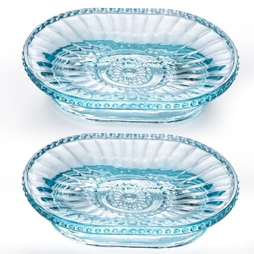 BIMUYI Soap Dish Holder, Embossed Glass Soap Tray, Decorative Soap Dish, Pack of 2
