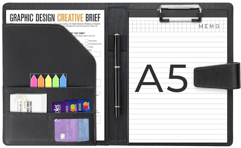 Agoer Schreibmappe A5 Klemmbrettmappe, Leder Konferenzmappe DIN-A5 mit Magnetverschluss, Schreibbrett Klemmbrett inklusive A5 Notizblock und Stift - Schwarz
