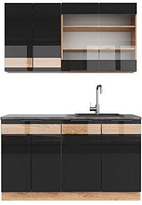 Vicco Singleküche Fame-Line, Schwarz-Eiche Hochglanz/Goldkraft Eiche, 140 cm, AP Marmor