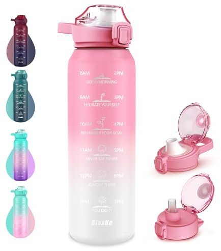 SLUXKE Gourde anti-fuite en acier inoxydable 18/10, 700 ml, avec paille, 2 couvercles et double paroi, pour le sport, l'extérieur, le travail, les enfants, rose/blanc