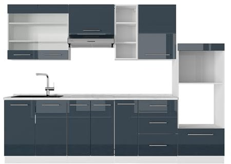 Vicco Küchenzeile Fame-Line, Dunkelblau Hochglanz/Weiß, 280 cm, AP Anthrazit