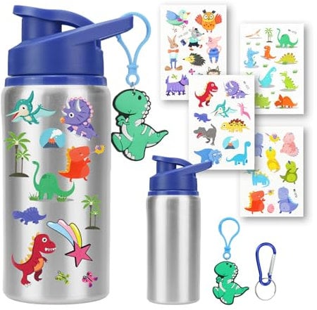 FLARE LIGHTING EDE Group Decorate Your Own Water Bottle Kids for Boys 7.5 cm x 19.5 cm (Blue) - Boys Water Bottle with 4 pcs Colorful Sticker and 2 pcs Keychain