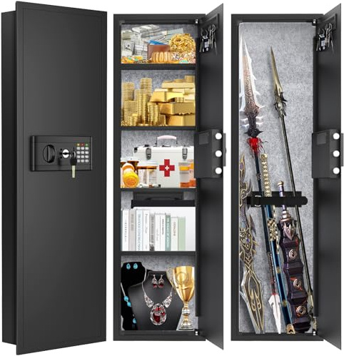 47.3 Tall Fireproof Wall Safes Between the Studs 16 Centers, Large Hidden Flush Wall Safe with 4 Removable Shelf & 6 Key Hooks, 48LB Heavy Duty In Wall Safe for Home, Money, Jewelry, Valuables