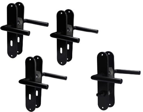 Alpertec Renovierungsgarnitur Türbeschlag, Langschild im 4er Set, Edelstahl schwarz für 3 Zimmertüren mit Buntbartlochung und 1 Bad-WC-Tür, Türklinke, Türgriff