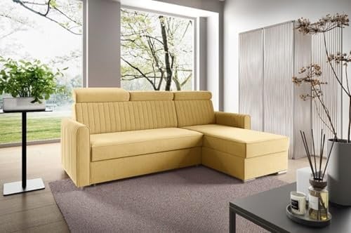 LIKMA Senf Ecksofa Neli L-Form 213x165 cm mit Schlaffunktion (190x125 cm) Eckcouch mit Bettkasten und Verstellbare Kopfstützen Wohnlandschaft Bettsofa mit Stauraum Polstermöbel Sofa