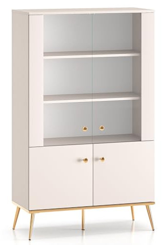Lomadox Vitrine Vitrinenschrank Glasvitrine 4-türig in Kaschmir mit goldfarbenen Akzenten modern Wohnzimmer Esszimmer