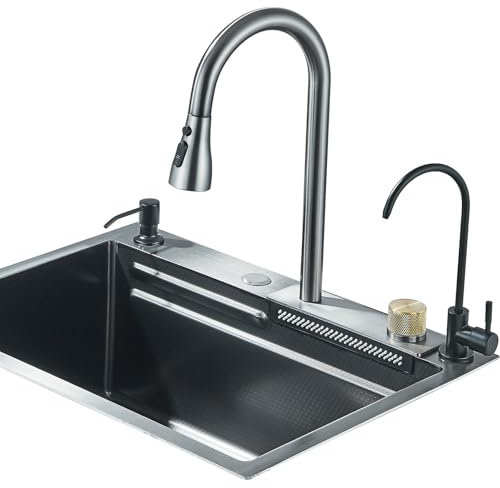 TVTIUO Fregadero de Cocina, Fregadero de Cocina Multifuncional de Acero Inoxidable con Grifo Extraíble y Otros Accesorios, Fregadero de Cocina Gris Oscuro (60cmX45cm)