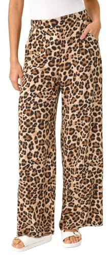 Roman Wide Leg Trousers for Women UK Ladies Palazzo Pants Evening Jersey Elasticated High Waist Smart Flared Culotte Office Work Going Out Loose Crepe Bottoms - Camel Leopard - Size 18