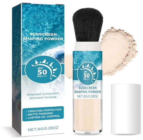 Polvo solar mineral, SPF 50 Sunscreen Matte Loose Powder con cepillo, control de aceite y polvo de ajuste duradero, resistente al agua, polvo de maquillaje ligero y transpirable, adecuado para todos