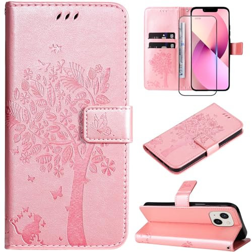 Hancda Phone Case for iPhone 13 / iPhone 14 Leather Case with Tempered Glass Screen Protector Wallet Card Holder Slot Flowers Design Magnetic Case Flip Cover for iPhone 13 / iPhone 14,Rose Gold