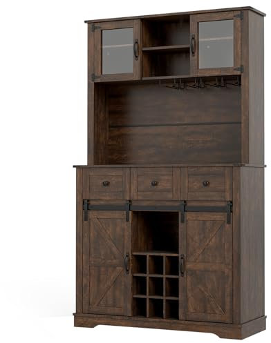 GiantexUK 4 Door Tall Kitchen Cupboard, 184cm Buffet Storage Cabinet with Adjustable Shelves, Wine Rack, Glass Holders, Cable Hole & 3 Drawers, Wooden Sideboard for Dining Living Room