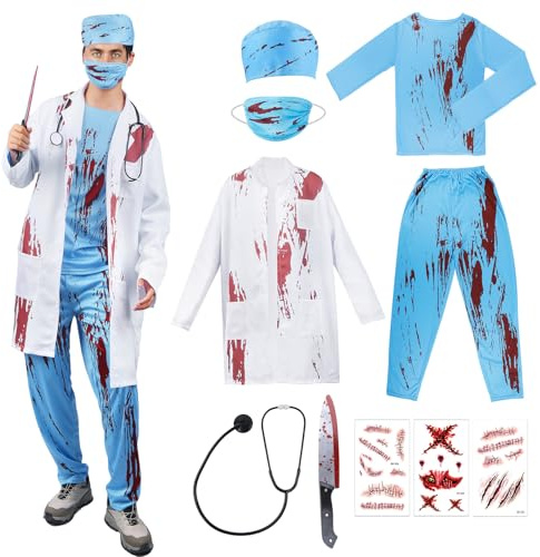 Zombie Arzt Kostüm Herren, Halloween Doktor Kostüm Chirurg inkl Oberteil, Hose, Kittel, Doktorhut & Stethoskop, Herren Chirurg Kostüm Set für Halloween Karneval Horror Party Cosplay