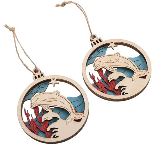 Ipetboom 2 Stück Holz Delfin Ornament Meerestier Küstendekor Handgefertigt Aus Holz Meerestier Hängende Dekoration Nautische Baumschmuck