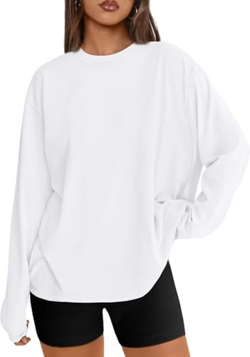 LACOZY Women Crewneck Long Sleeve Tops Fall Basic Long Sleeve T Shirts Casual Loose Fit Tees 2025 White M