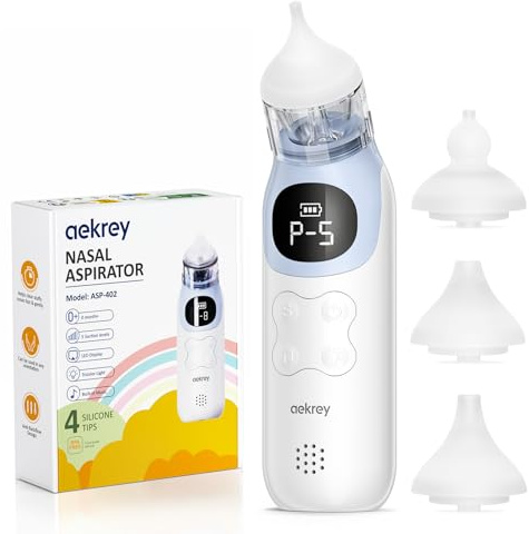 AEKREY Mouche-bébé Électrique avec 4 Embouts, Sans BPA, Aspirateur Nasal Mouche Nez Bébé, Silencieux, avec Musique et Lumière, Déboucher le Nez d’Enfants, Éliminer Mucus, Morve, Sécrétions Nasales