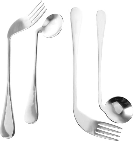 Posate Ergonomiche Curve in Acciaio Inox, Set 1 Pezzo | Cucchiaio e Forchetta Angolati, Impugnatura Liscia e Testurizzata, Argento, per Pazienti e Disabili