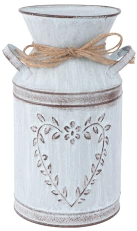 Amosfun Heart Shaped Iron Vase, 7.7 in White - Rustic Tabletop Planter | Distressed milk-jug style for tabletop and garden display, suitable as a wedding gift or home decoration