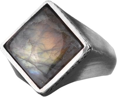 KAMBO Herren-Ring aus natürlichem Labradorit-Edelstein, 925er Sterlingsilber, quadratischer auffälliger Labradorit-Stein, handgefertigter Statement-Ring, handwerklicher Silberschmuck