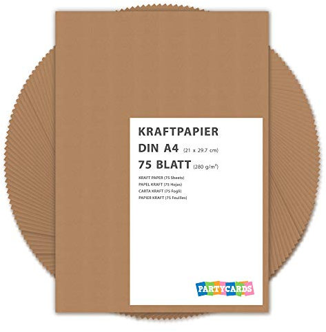 Partycards Kraftpapier braun 280 g/m² – Naturkarton in hochwertiger Qualität als Bastelpapier, Kartonpapier, Fotokarton, Hochzeitskarten (DIN A4, 75 Blatt)