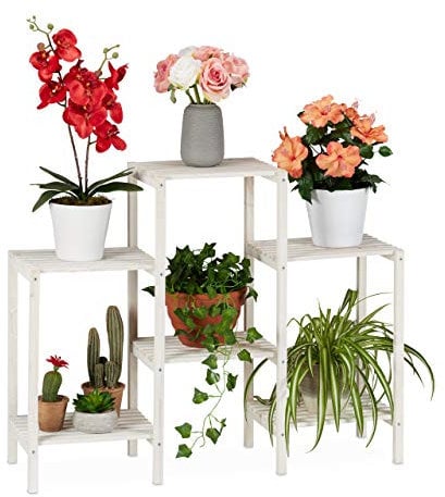relaxdays Scaffale per Fiori, 70 x 89 x 26,5 cm, Ripiani per Piante Decorativo, Portafiori per Interni da Terra, Bianco