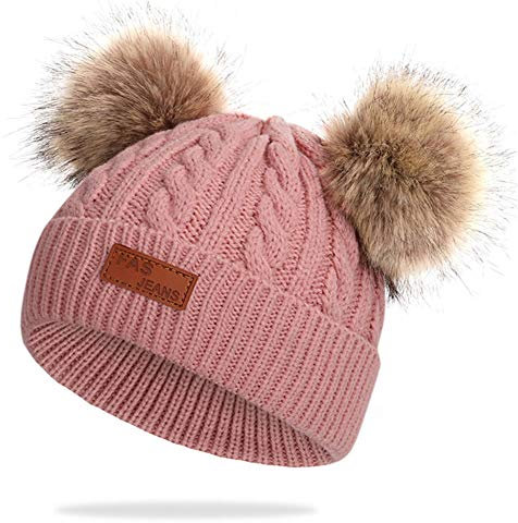 Martin Kench Kinder Winter-Mütze Strickmütze Fellbommel Bommel Strick Mütze Bommelmütze mit 2 Bommeln Mütze für Baby Mädchen Jungen (Rosa)