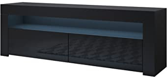 MB Muebles Bonitos, Mueble TV Aker con Luz LED para Salón Comedor, 2 Puertas Abatibles, Mueble de Televisión en Melamina Brillo, Color Negro, 140x50.5x35 cm
