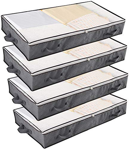 UOUNE 4 Pack 90L Under Bed Storage Bags with Lid, PVC Window Clothes Storage Bags with Zips & Reinforced Handle for Duvet, Clothes, Shoes, Bedding, Wardrobe Organiser Bags, Grey