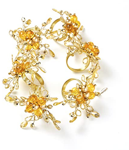 Penguin Home Set of 6 Handcrafted Floral Style Beaded Napkin Rings/Napkin Buckles/Table Decor for Dinner Wedding Party/Thanksgiving, Christmas/Size - 10.5 x 10.5 x 6.5 cm/Yellow