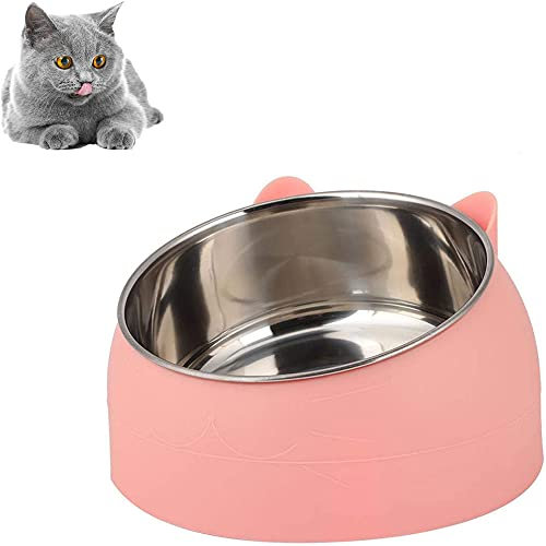 Feeding Bowls for Cats, Pet Dog Cat Feeding Bowl, Stainless Steel Cat Bowl Set Feeding, Leak Proof Cat Food Bowl, Stainless Steel 15° Slanted Food Cat Bowl, for Cats, Small Dogs Feeding (Pink)