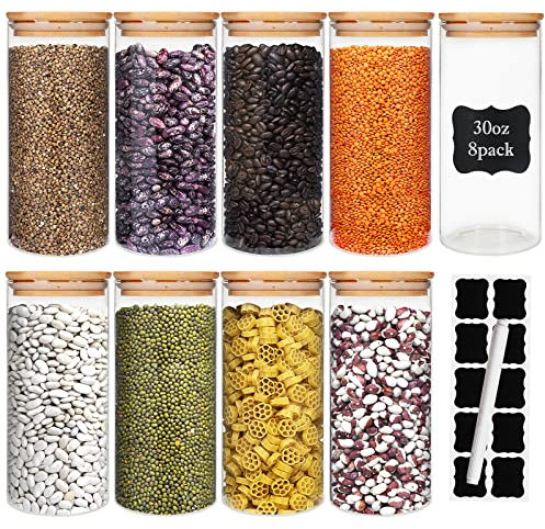Frischhaltedosen aus Glas mit luftdichtem Bambus-Deckel, 890 ml, 8 Stück, Speisekammer-Organisation, Glas-Terrarium mit Deckel, Gewürze, Tee, Mehl und Zuckerbehälter, Kanister-Set für Küchentheke