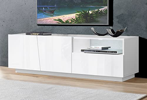 möbelando TV-Lowboard Rack Unterschrank Fernsehtisch HiFi Element Schrank Viterbo I Weiß Hochglanz