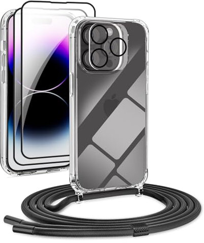 [5 in 1] 1*Handykette Set für iPhone 14 Pro Hülle mit Band + 1*Transparent Schutzhülle+2*Schutzfolie+1*kameraschutz Glas, Abnehmbar Necklace Stylische Handyhülle zum Umhängen Kordel Case (Schwarz)
