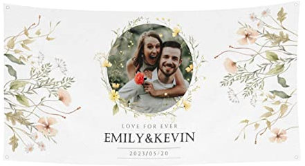 Personalisiertes Hochzeitstag Banner, Personalisiertes Foto Hochzeits Banner Poster, Benutzerdefinierter Jahrestags Banner Poster Hintergrund für Brautpaar - 180 x 90 cm (70 x 35 Zoll)