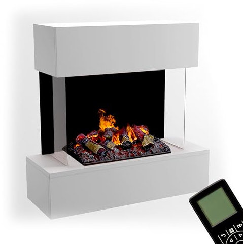 GLOW FIRE Wasserdampf Kamin HÖLDERLIN (Wandkamin) - Elektrokamin für die Wand mit realistischen LED 3D-Flammen, Knistereffekt & Fernbedienung, 80x78x37 cm, Opti-Myst 500 mit Holz-Deko, Weiß